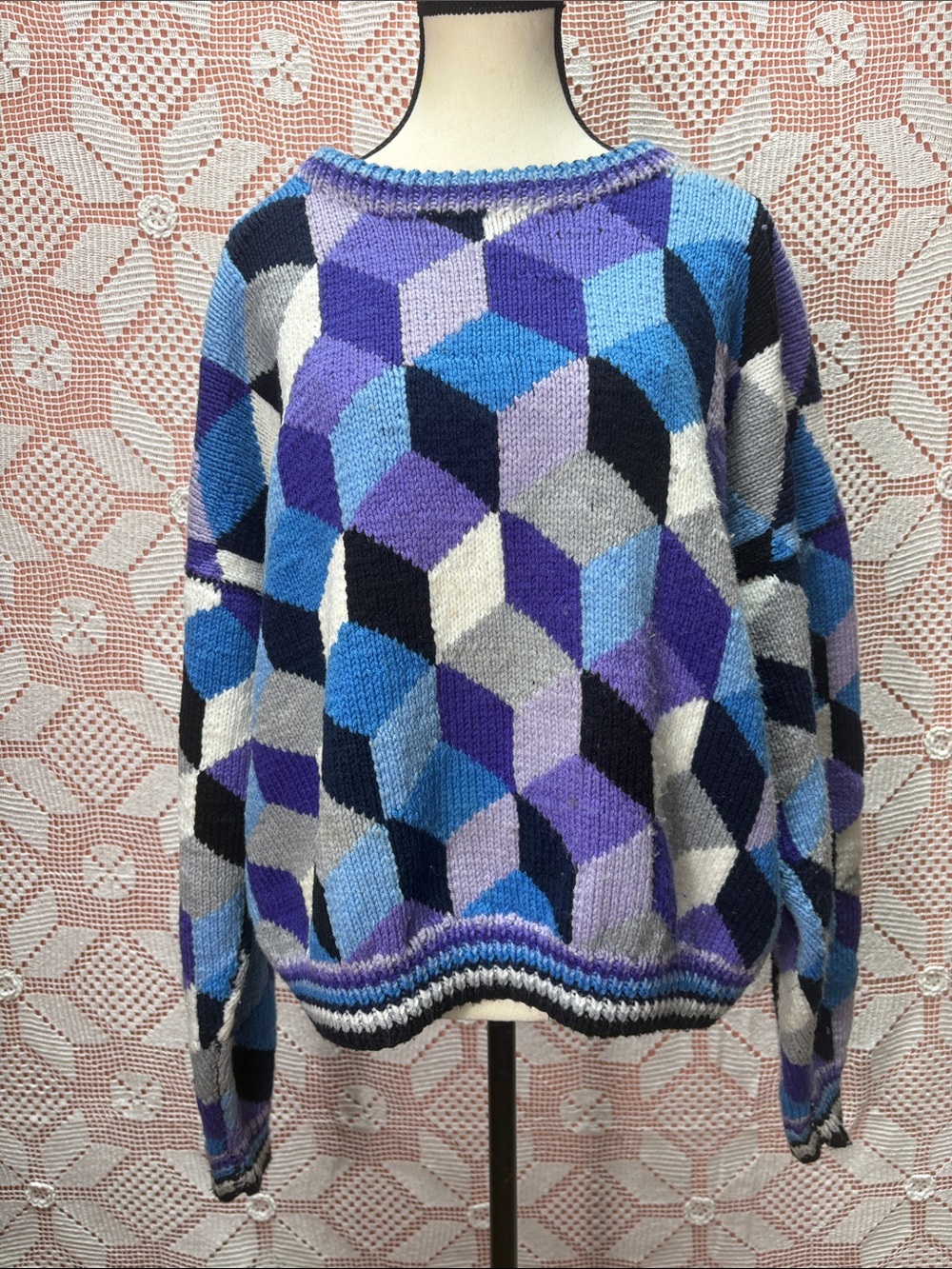 Handcrafted Geometric Cube Knit Sweater Blue Purple Black
